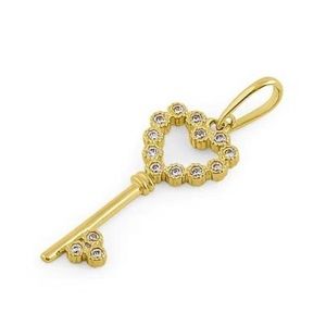 Solid 14K Yellow Gold Heart Key CZ Pendant
